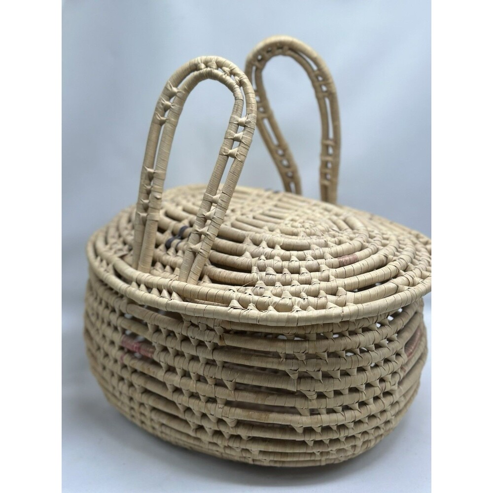 Rattan Coiled Lidded Basket W Handles Southwestern Wicker Boho Handmade
